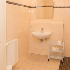 Im Badezimmer sind ein Regal mit Toilettenpapier und ein großer Spiegel über dem Waschbecken sichtbar.