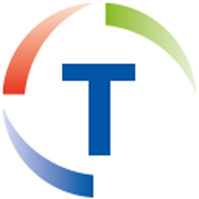 Ein stilisiertes Logo mit einem großen blauen 'T' in der Mitte, umgeben von bunten, geschwungenen Linien in Rot, Grün und Blau.